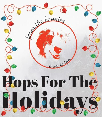 Beer label for a home brew Mosaic IPA. The branding is From the Boonies and features a big fluffy dog as the mascot. Label features a bright red boonie mascot in three quarter profile, in a flat graphic style. Around boonie is a red circle with from the bo